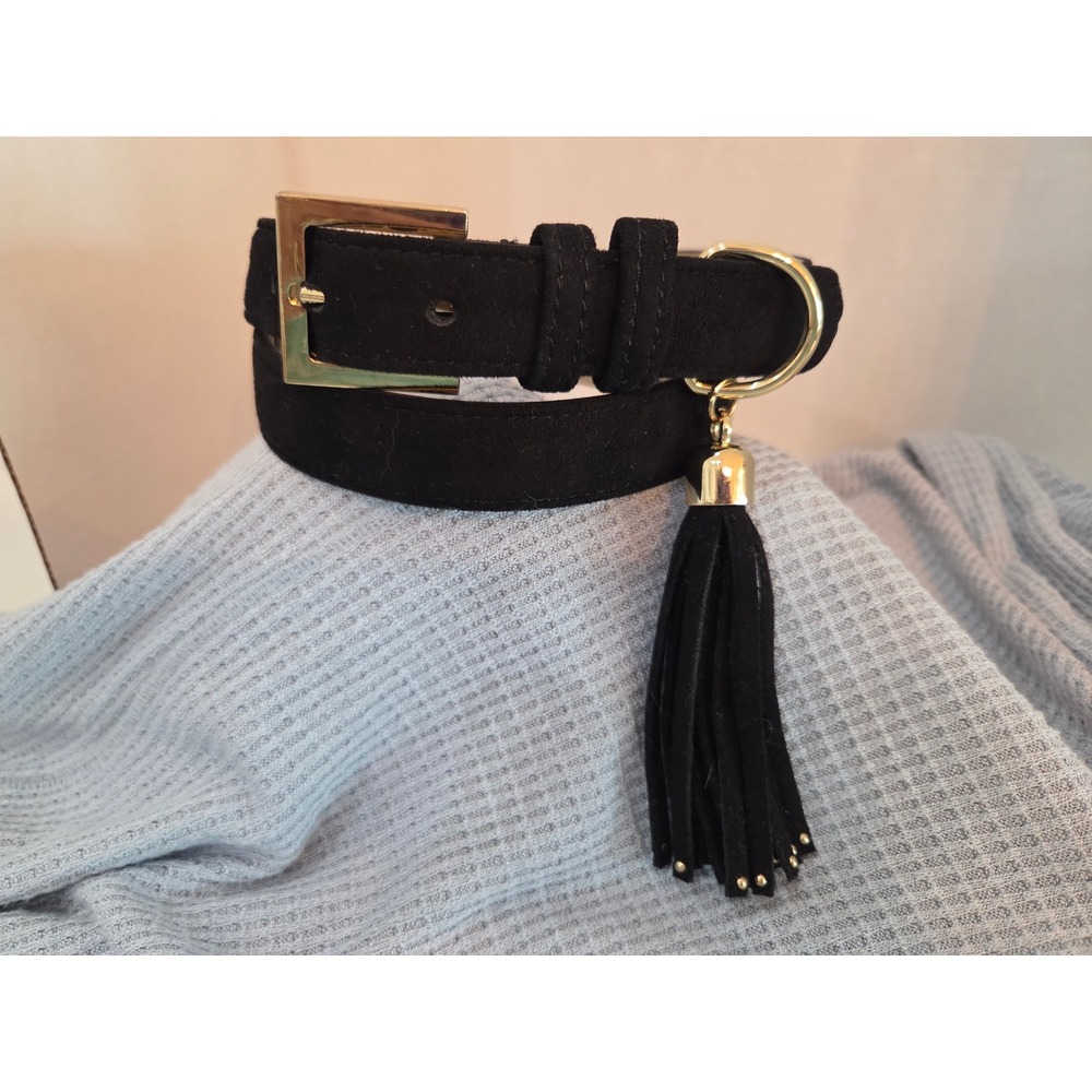 Betsey Johnson Tassel Pant Belt Small Black Gold Leopard Suede Style 80's Glam